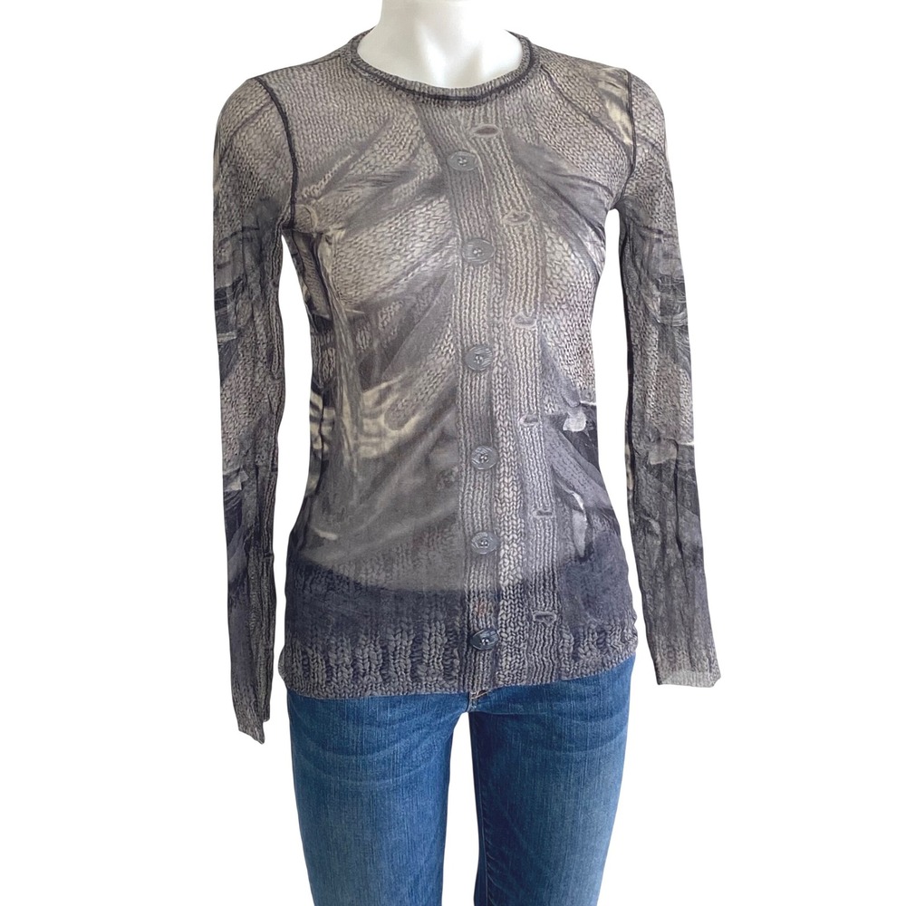 Jean Paul Gaultier Maille Sheer Mesh Trompe L'oeil Knit Print Top Grey Large